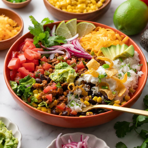 A vibrant bowl of southwest ground turkey taco bowls, topped with fresh avocado, pico de gallo, and a creamy Greek yogurt sauce.