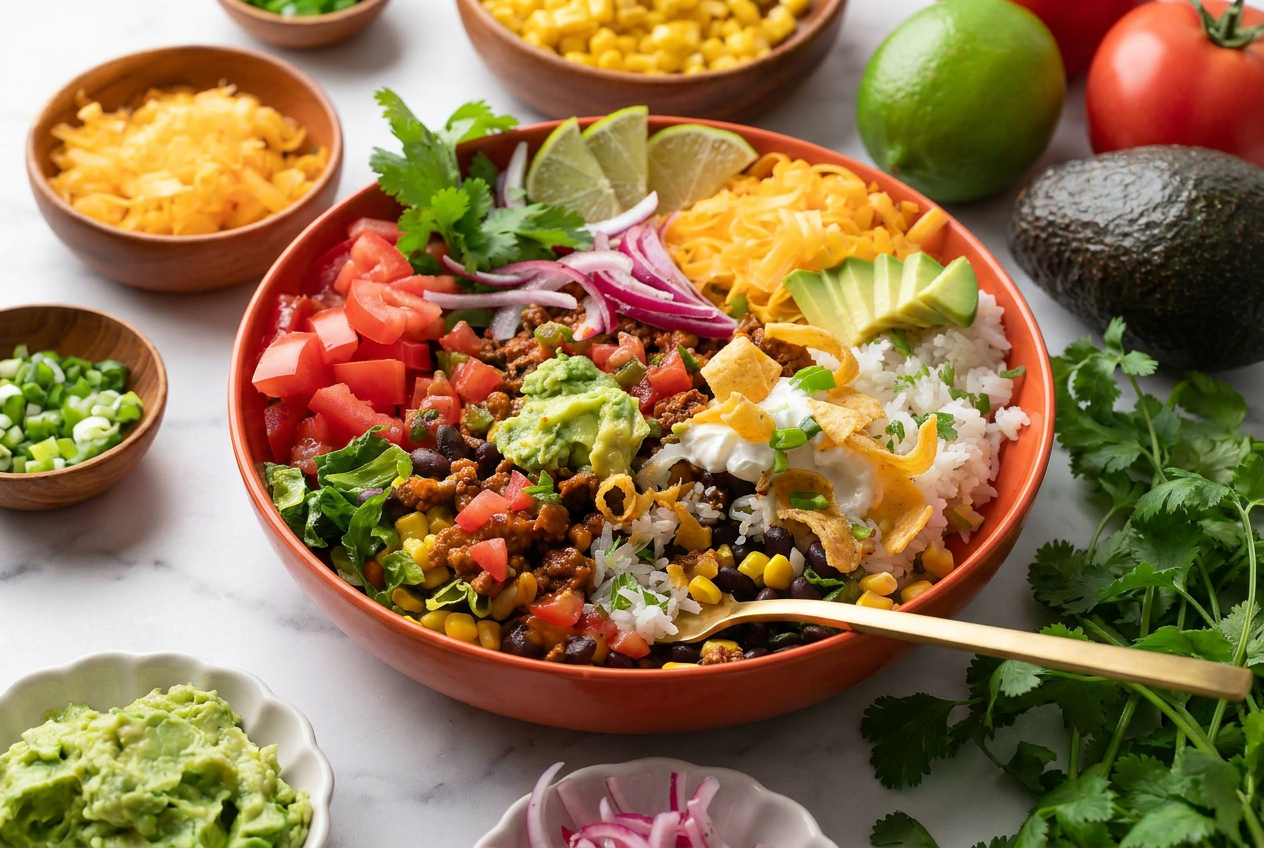 A vibrant bowl of southwest ground turkey taco bowls, topped with fresh avocado, pico de gallo, and a creamy Greek yogurt sauce.