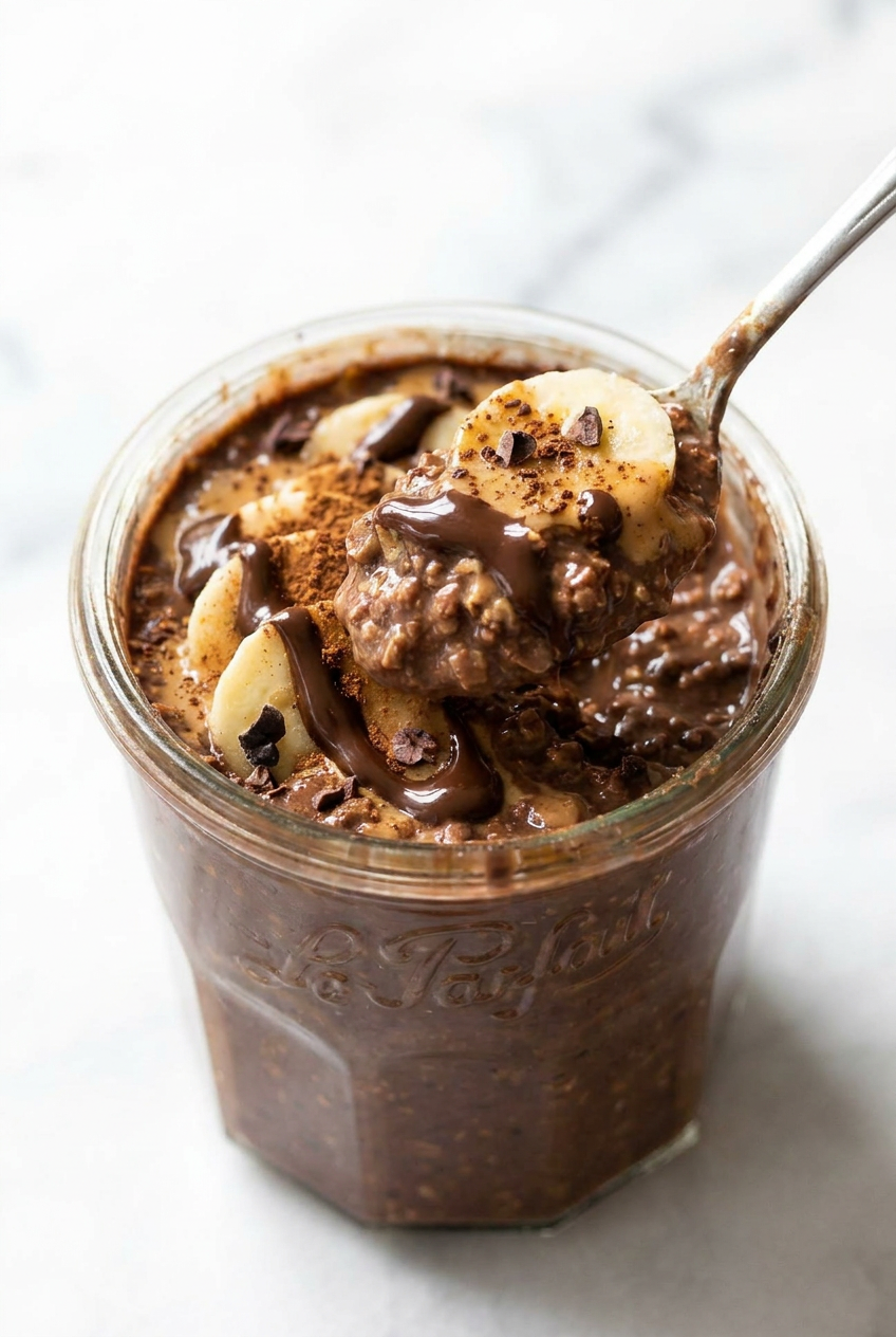 Creamy chocolate peanut butter protein overnight oats being stirred in a white bowl, showing the rich chocolate and peanut butter swirl.