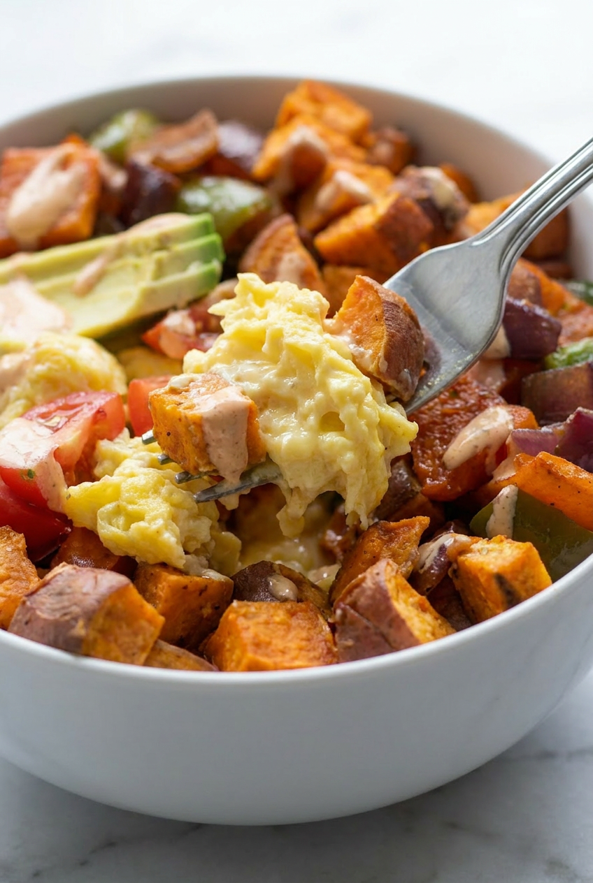 A vibrant tex mex protein breakfast bowl artfully arranged with colorful toppings and a rich chipotle-lime crema.