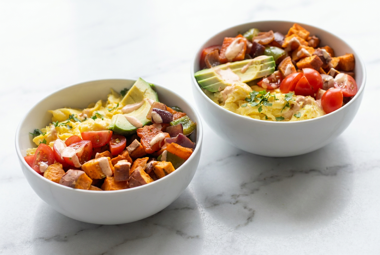 Tex mex protein breakfast bowls topped with scrambled eggs, black beans, avocado, sweet potato, and a creamy chipotle-lime crema.