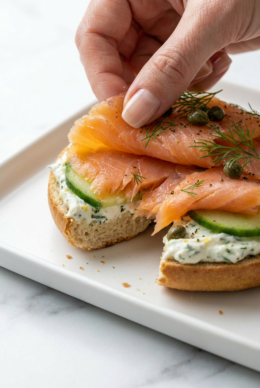 A close-up of the creamy whipped cottage cheese and herb schmear in a white ceramic bowl, garnished with fresh dill and chives.