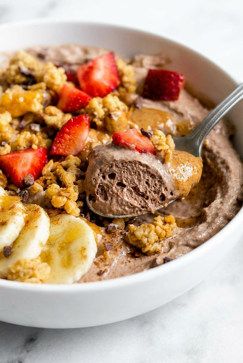 Close-up of the creamy whipped protein yogurt bowl, showing its airy texture and mixed berries.
