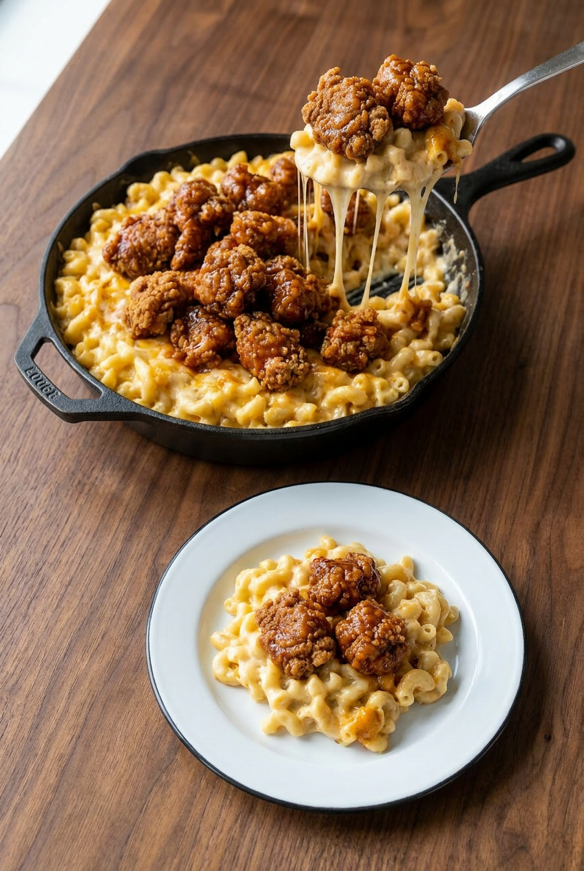 A single serving of honey bbq chicken mac and cheese on a white plate, garnished with chopped parsley.