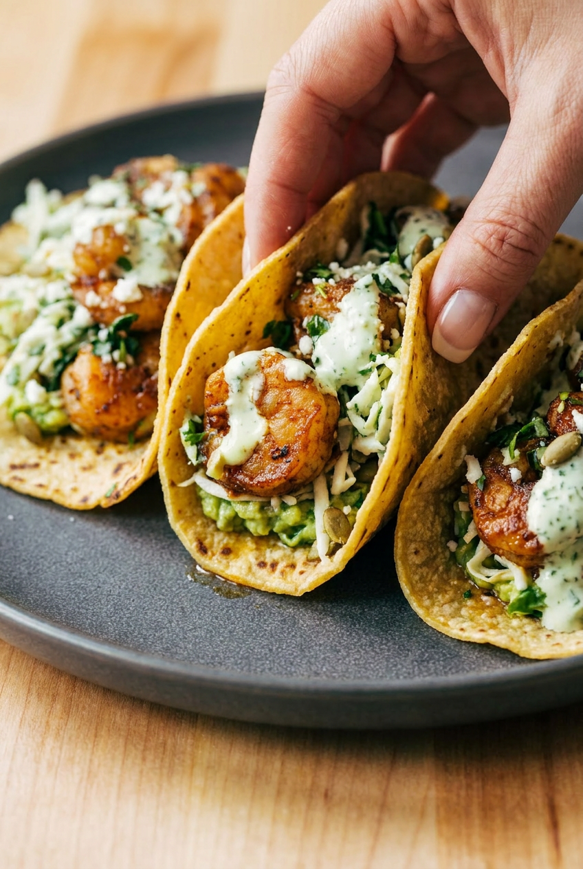 Three shrimp tacos with purple cabbage slaw and crema standing upright in a metal taco holder, ready to be served.