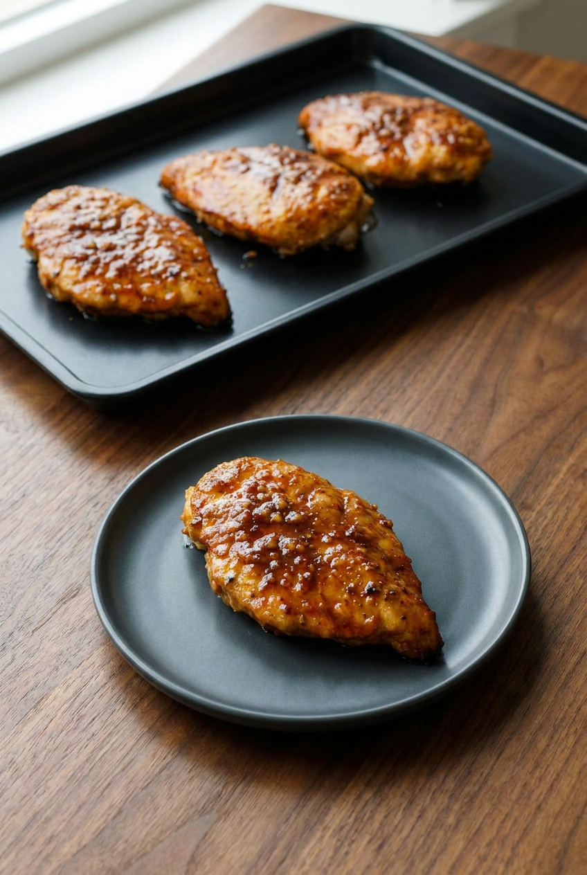 Pouring a dark, syrupy glaze from a small bowl over chicken breasts searing in a black skillet.