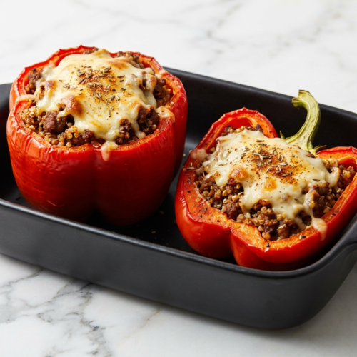 Several high protein stuffed bell peppers in a baking dish, filled with a savory ground beef mixture and topped with golden, melted cheddar cheese.