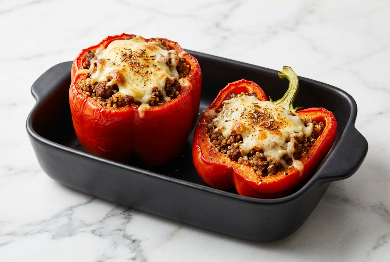 Several high protein stuffed bell peppers in a baking dish, filled with a savory ground beef mixture and topped with golden, melted cheddar cheese.