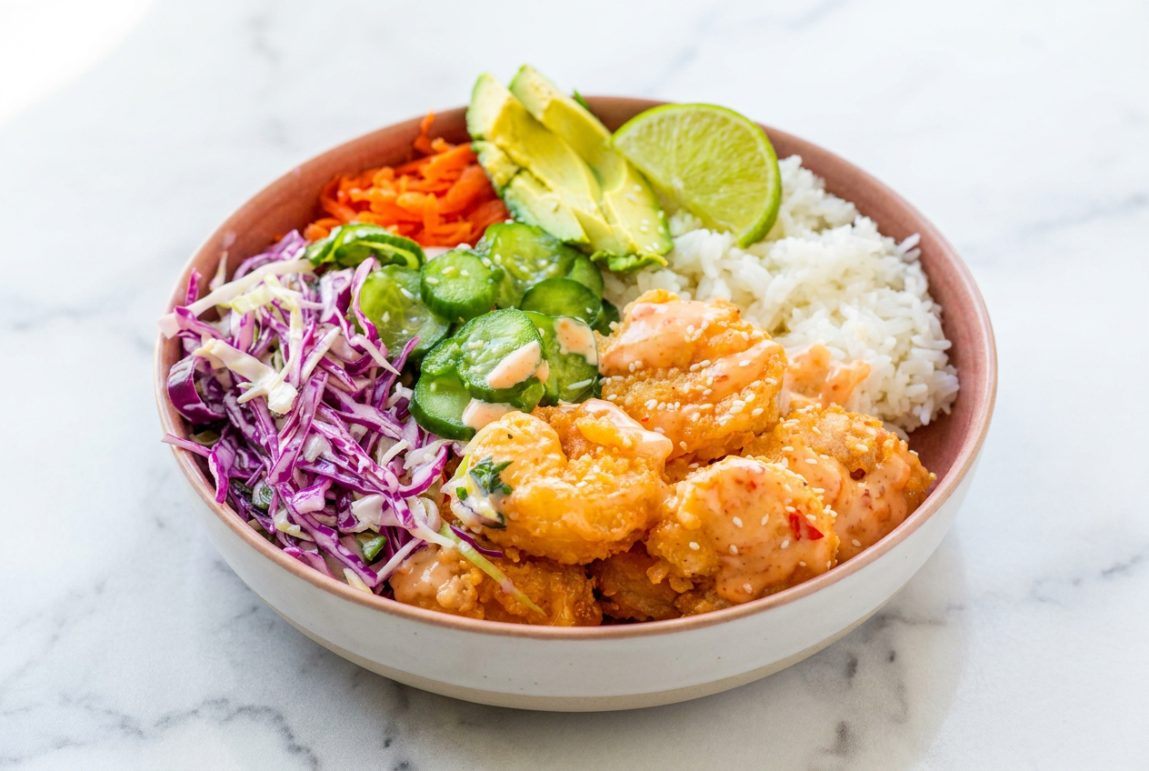A bang bang shrimp rice bowl topped with creamy sriracha mayo sauce, fresh scallions, and avocado over a bed of jasmine rice.
