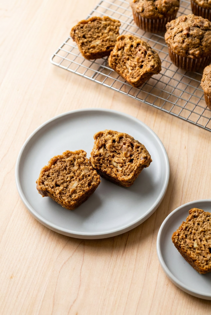 A batch of freshly baked high protein banana muffins cooling on a black wire rack, ready for storing.