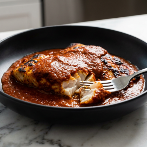 A bowl of broiled fish tikka masala with tender fish chunks in a creamy, orange-red tomato sauce, garnished with fresh cilantro.