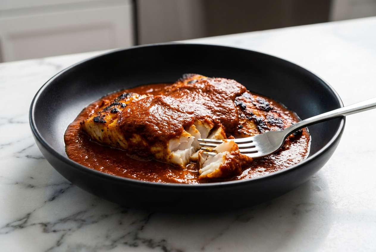 A bowl of broiled fish tikka masala with tender fish chunks in a creamy, orange-red tomato sauce, garnished with fresh cilantro.