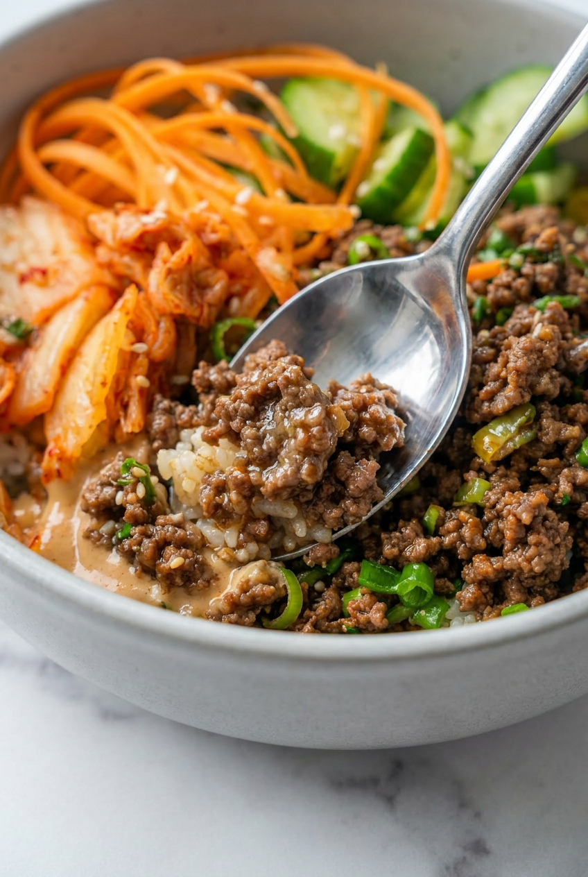 Close-up of seasoned ground beef browning and caramelizing in a dark skillet with a wooden spoon breaking it apart.