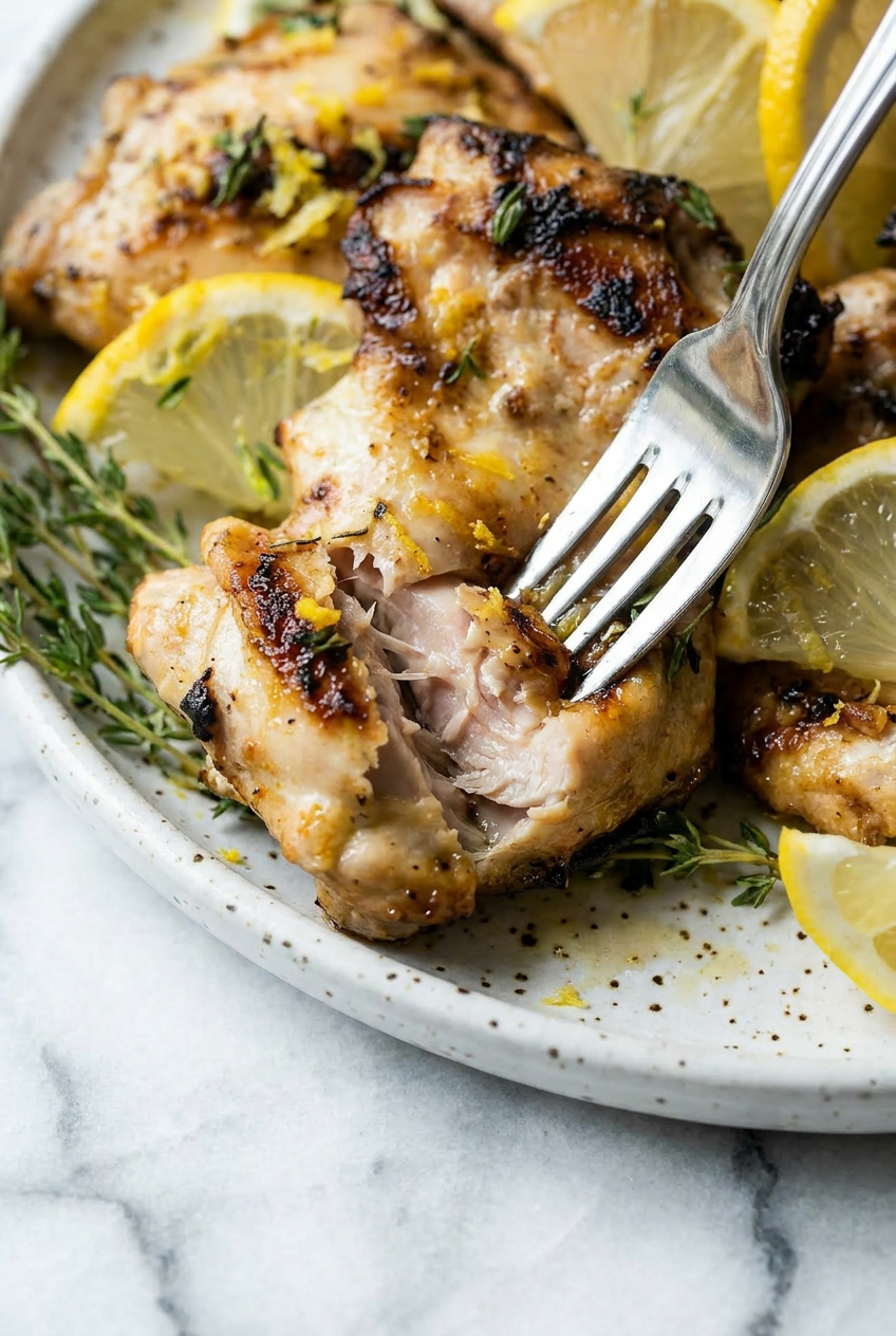 Close-up of golden-brown grilled lemon garlic chicken thighs, showing appetizing char marks and a sprinkle of fresh parsley.