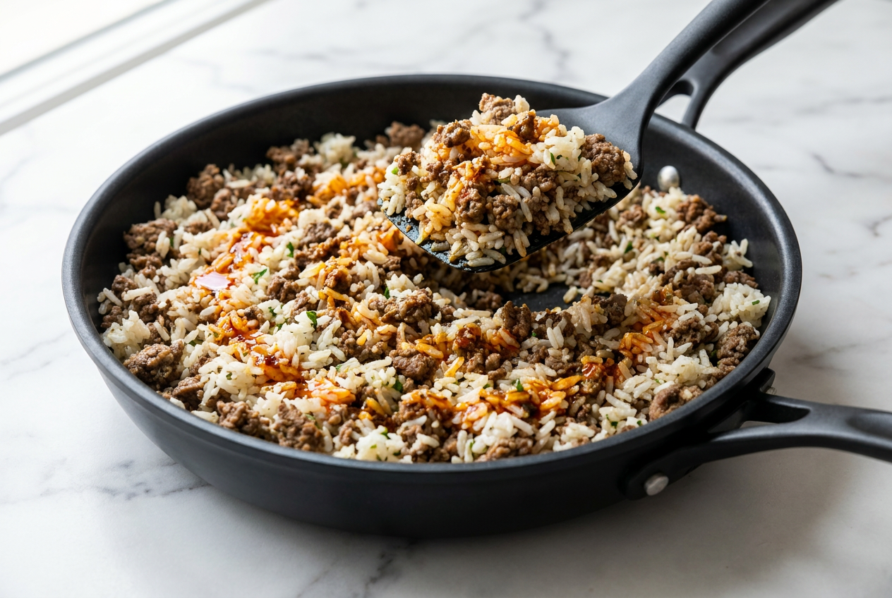 A large cast iron skillet filled with ground beef and rice skillet, topped with melted Colby Jack cheese and garnished with fresh cilantro.
