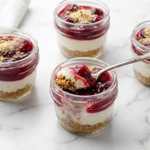 Individual cherry cheesecake jars, layered with creamy filling, bright cherry compote, and a visible toasted almond brown butter graham cracker crust.