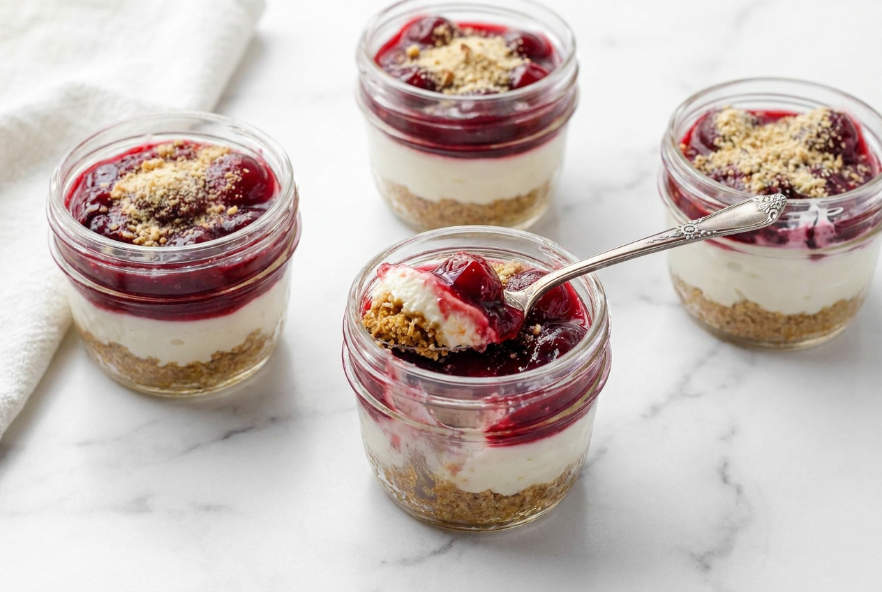 Individual cherry cheesecake jars, layered with creamy filling, bright cherry compote, and a visible toasted almond brown butter graham cracker crust.