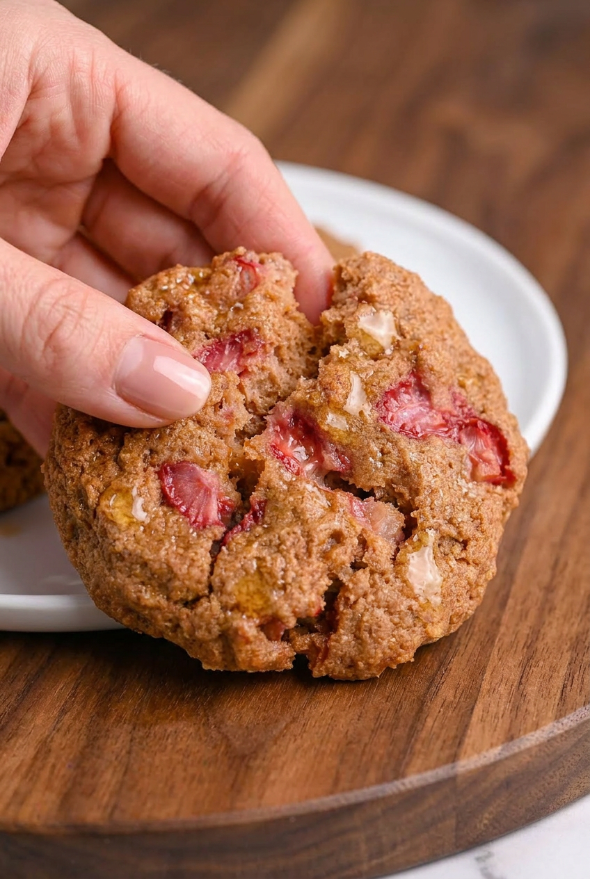 Close-up of a broken protein cookie revealing its soft, chewy interior with flecks of chocolate.