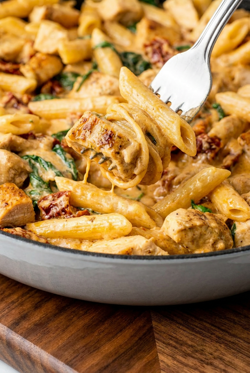 A close-up shot of a fork lifting a bite of tuscan chicken pasta, showing the creamy sauce clinging to the penne.