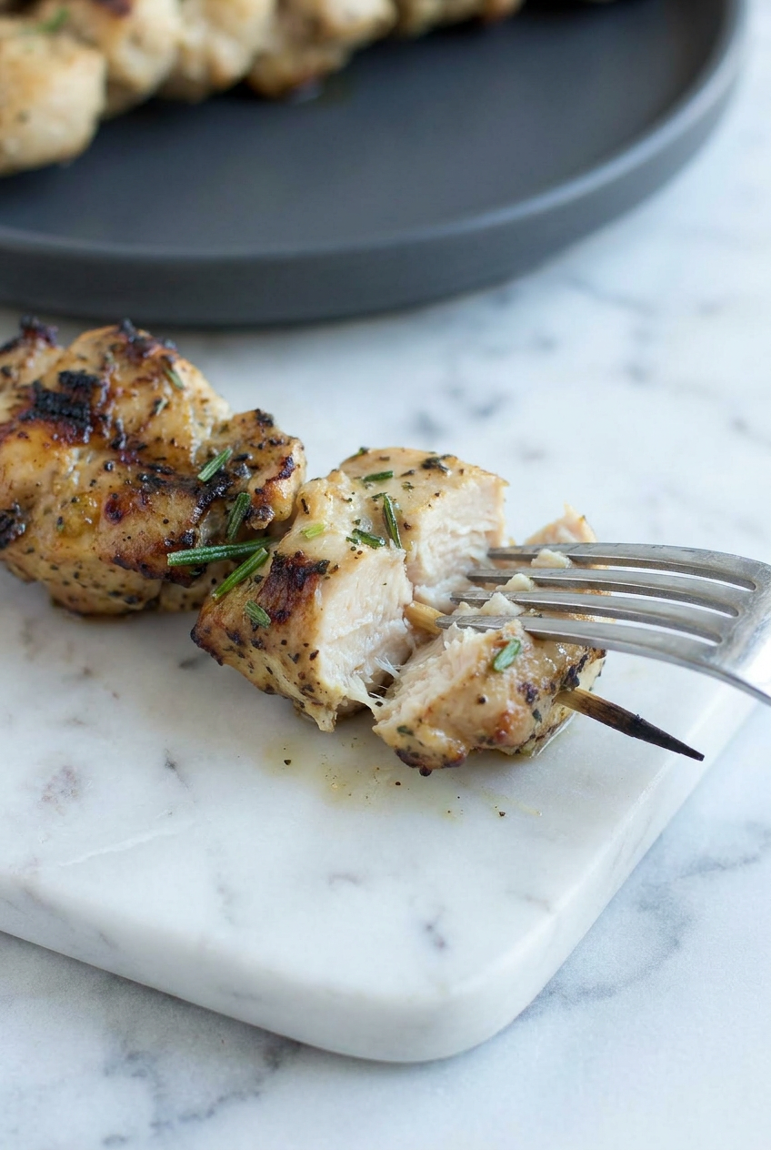 A close-up shot of a single rosemary ranch chicken kabob, highlighting the juicy texture of the meat and the charred edges from grilling.