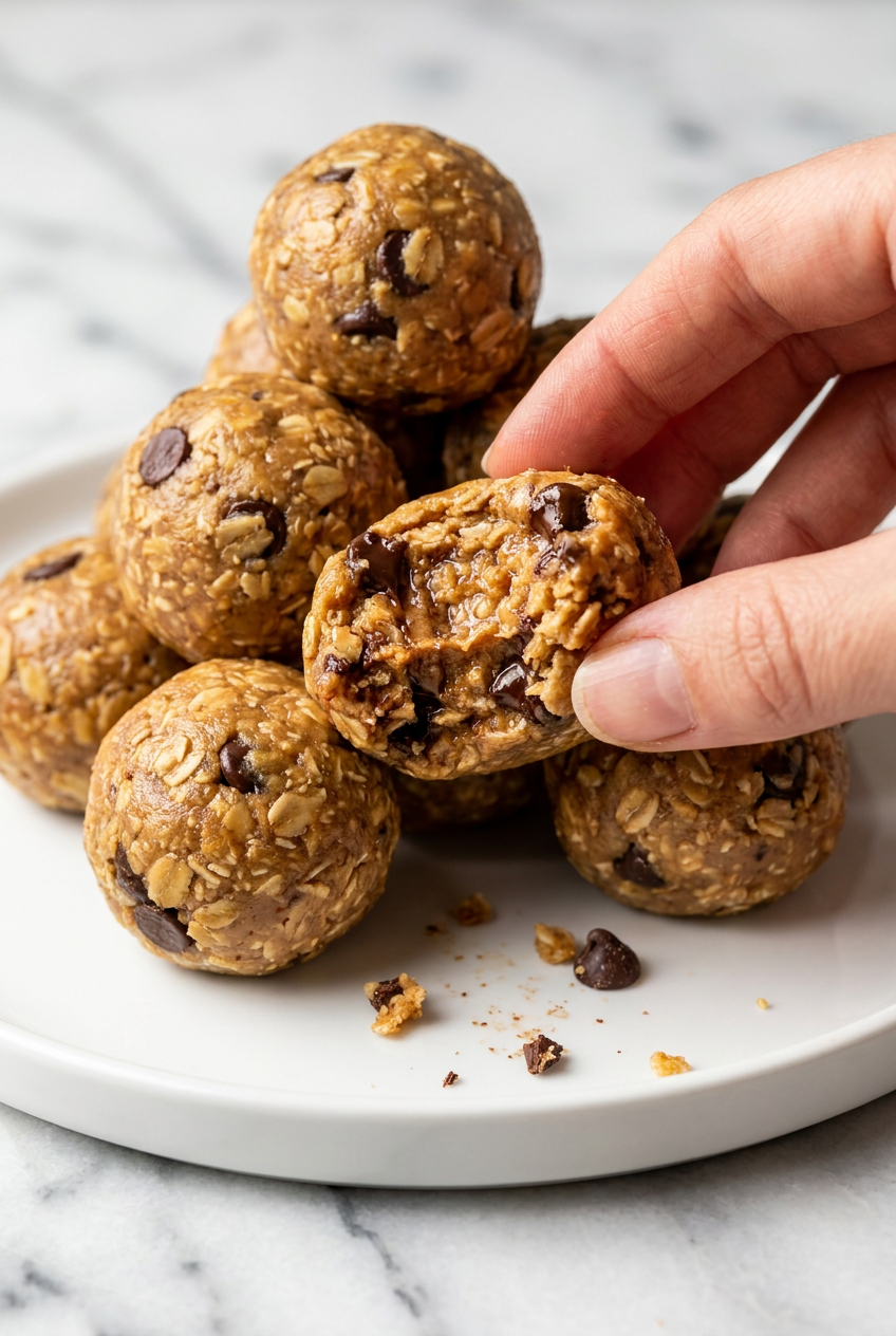 A close-up of several no bake peanut butter energy bites in a rustic bowl, showing their dense texture and chocolate chip specks.