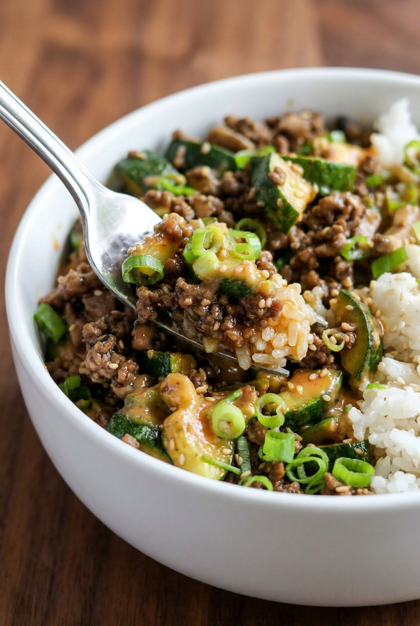 A close-up, top-down view of a teriyaki beef bowl, highlighting the glossy sauce on the ground beef and the vibrant green of the broccoli.