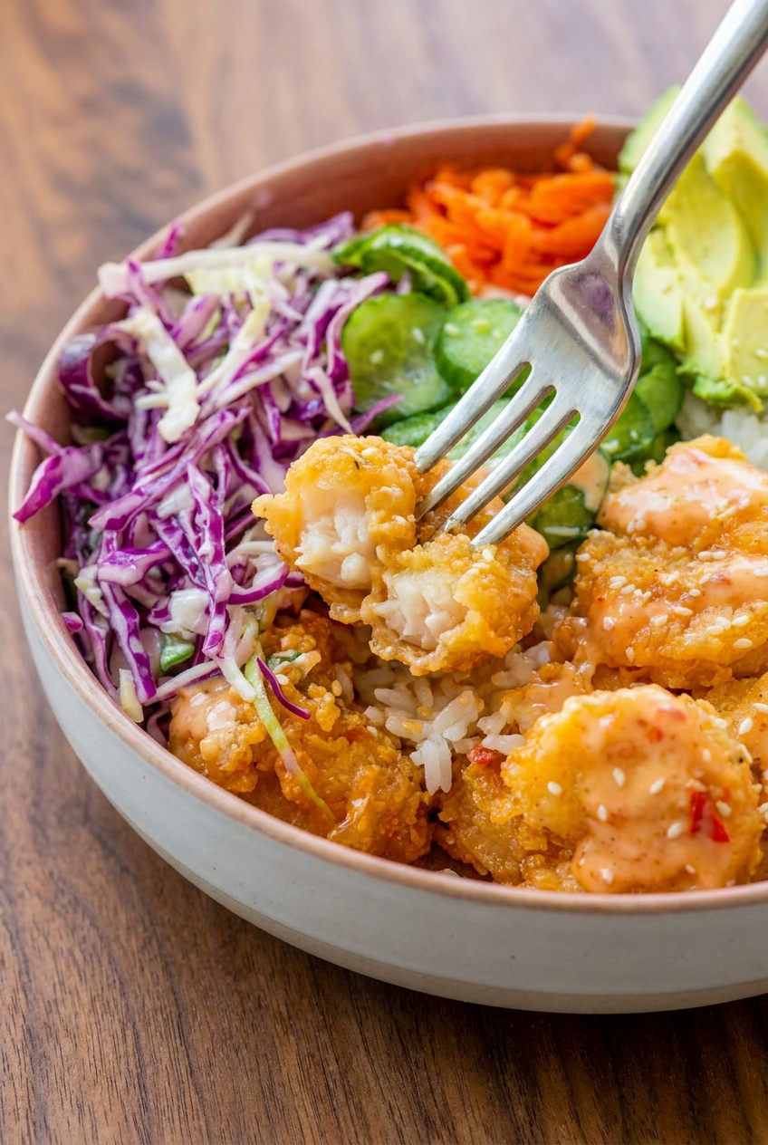 A close-up view of a piece of crispy fried bang bang shrimp, showing the golden, textured panko coating covered in creamy sauce.
