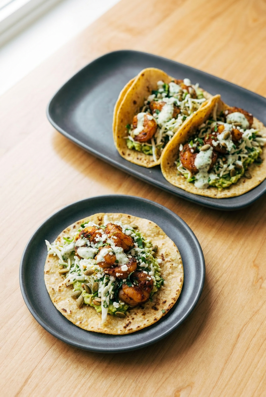 A close-up view of a single shrimp taco held in hand, showing the texture of the pan-seared shrimp, creamy drizzle, and slaw.