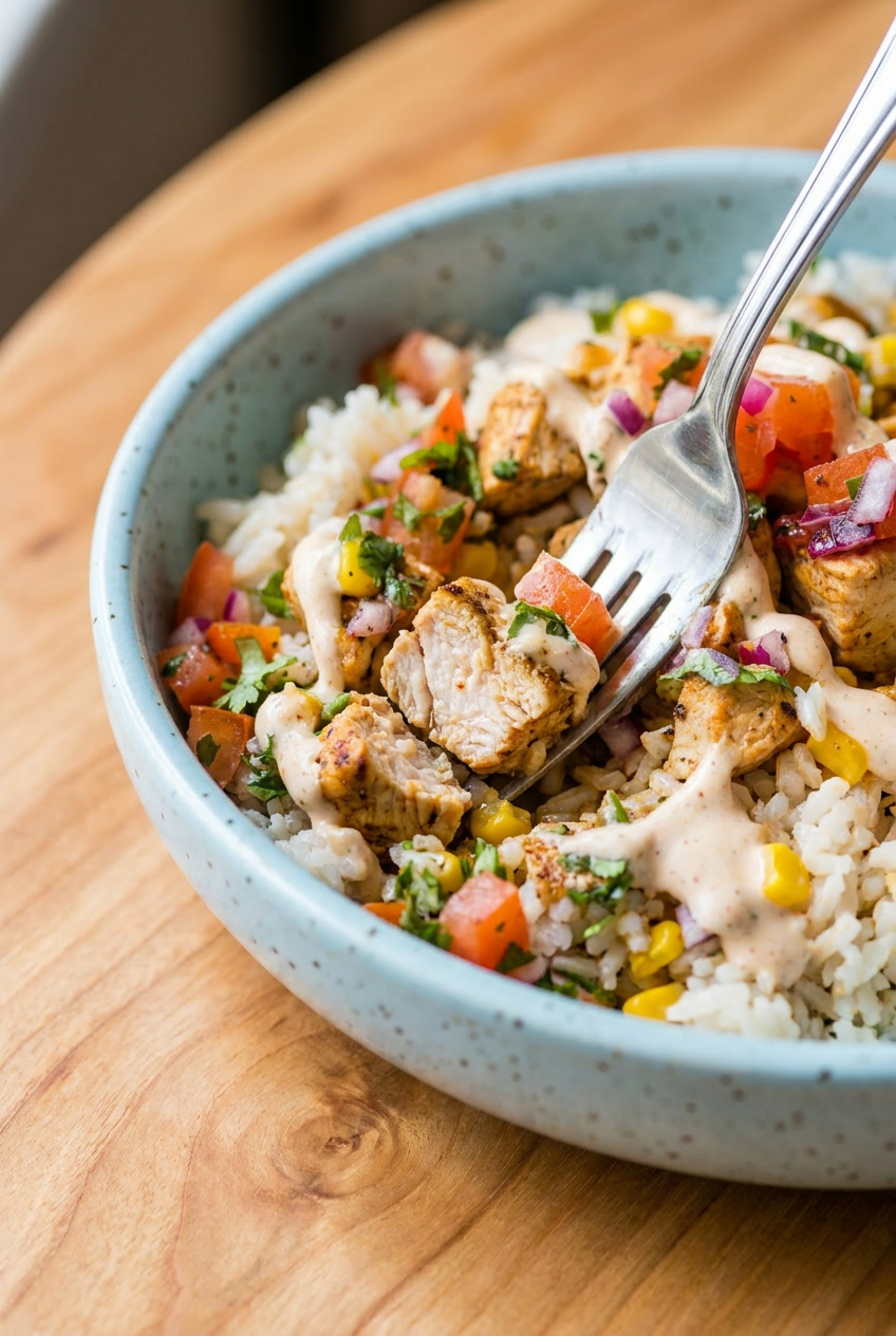 A close-up view of a chicken taco bowl, showing the texture of the seasoned chicken, fresh cilantro, sliced avocado, and a dollop of creamy chipotle sauce.