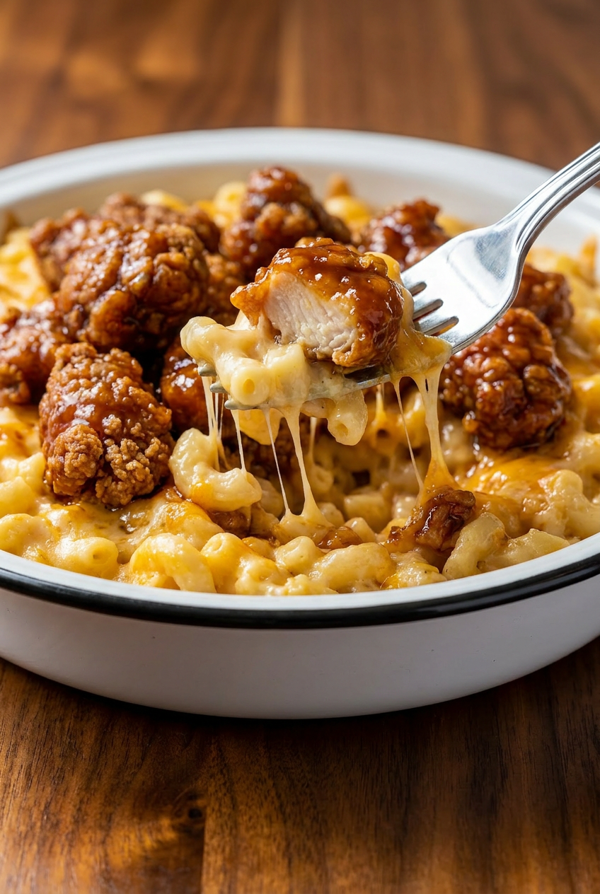 A close-up spoonful of baked mac and cheese, showing the creamy cheese sauce coating the elbow pasta and a crispy piece of fried chicken.