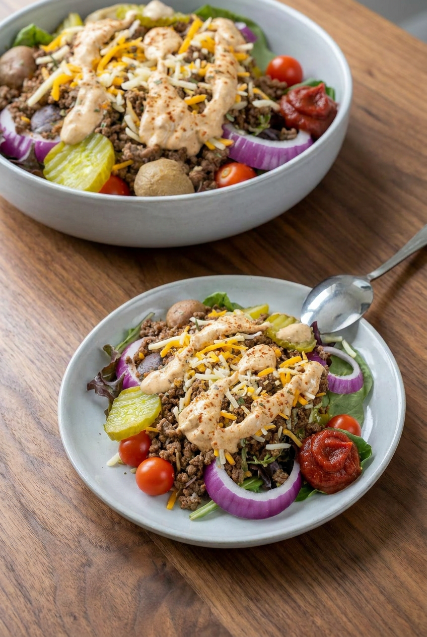 An overhead shot of a colorful high protein burger bowl with a central patty, surrounded by vibrant fresh toppings and a tangy dressing.