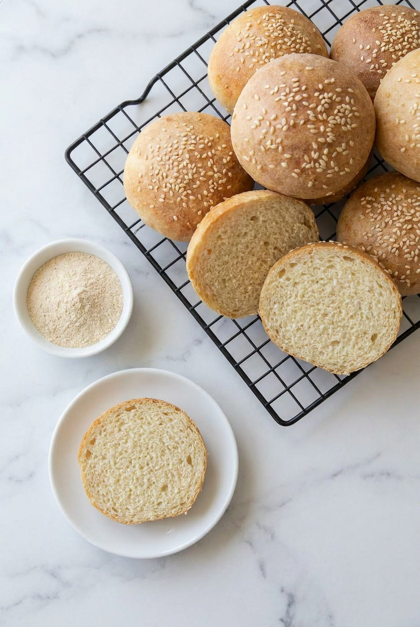 Two juicy cheeseburgers made with homemade cottage cheese burger buns, served on a plate for a weeknight dinner.