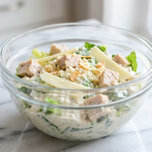 Creamy cottage cheese caesar dressing in a serving bowl, garnished with fresh black pepper and parsley.