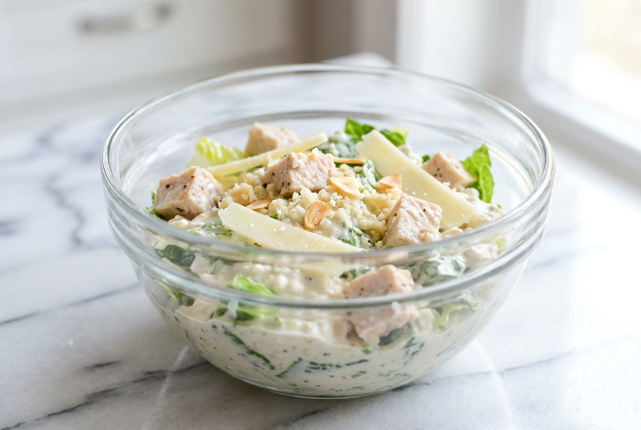 Creamy cottage cheese caesar dressing in a serving bowl, garnished with fresh black pepper and parsley.