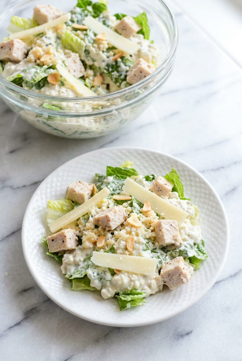 High-protein cottage cheese caesar dressing served alongside a fresh green salad with crispy croutons, ready to be enjoyed.