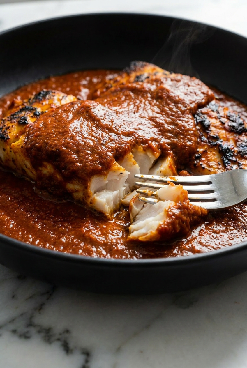 A close-up spoon scoop of flaky broiled fish coated in a thick, creamy tikka masala sauce, showing its rich texture.