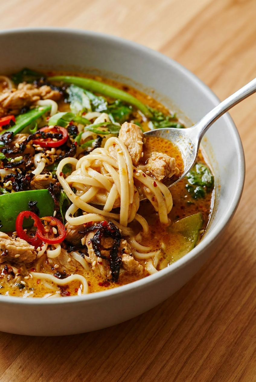 A close-up shot showing the texture of the creamy gochujang-tahini broth clinging to thick udon noodles and pieces of ground turkey.