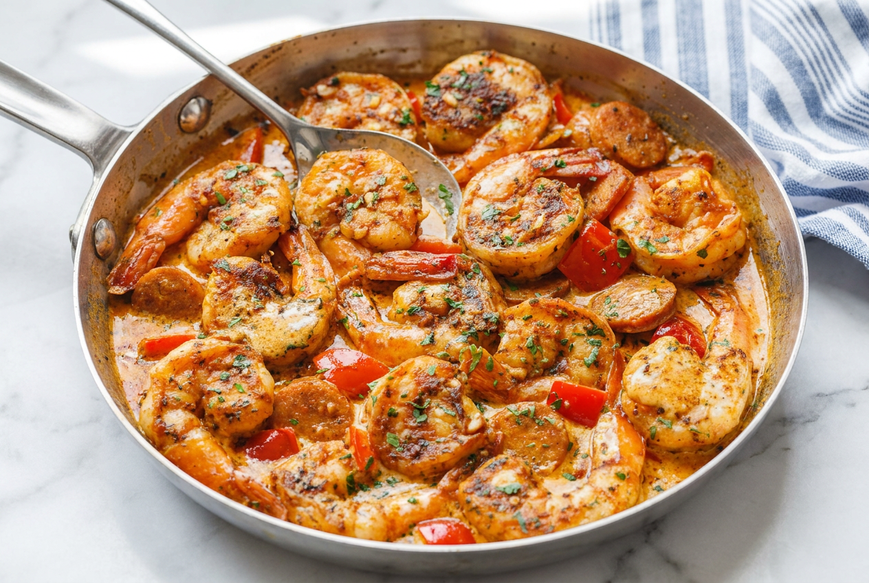 A rich, creamy spicy keto shrimp and sausage skillet with bright bell peppers, green onions, and tender shrimp in a thick, reddish sauce.