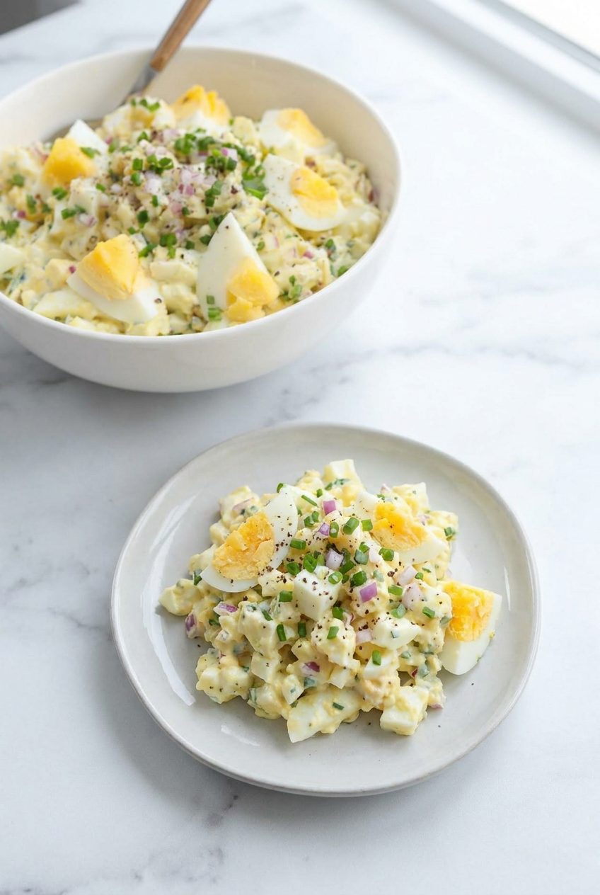 A forkful of creamy high protein cottage cheese egg salad lifted from a bowl, showing its thick, spreadable texture.