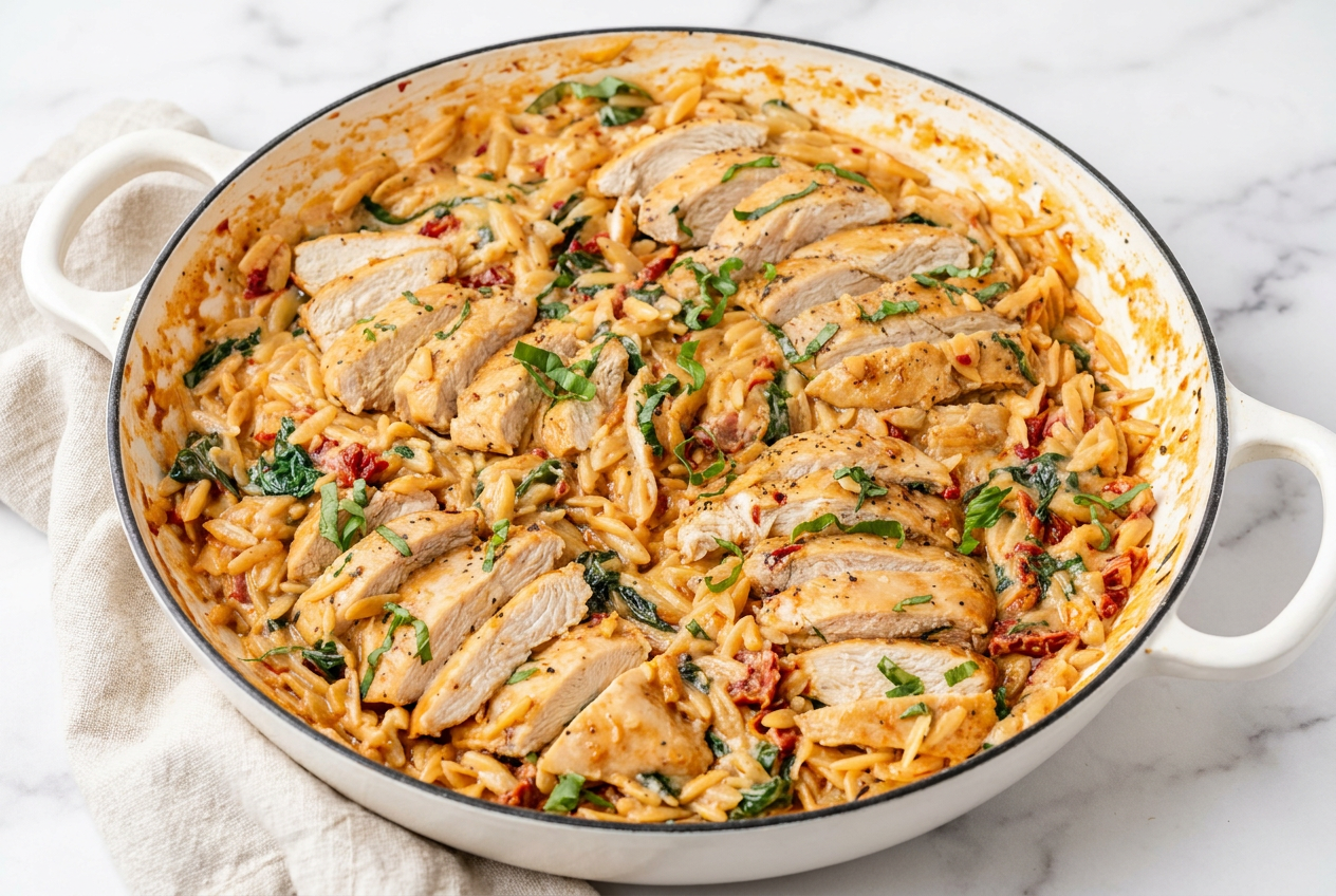 A large cast iron skillet filled with creamy tuscan chicken orzo, showing tender chicken pieces, wilted spinach, and sun-dried tomatoes in a rich cream sauce.