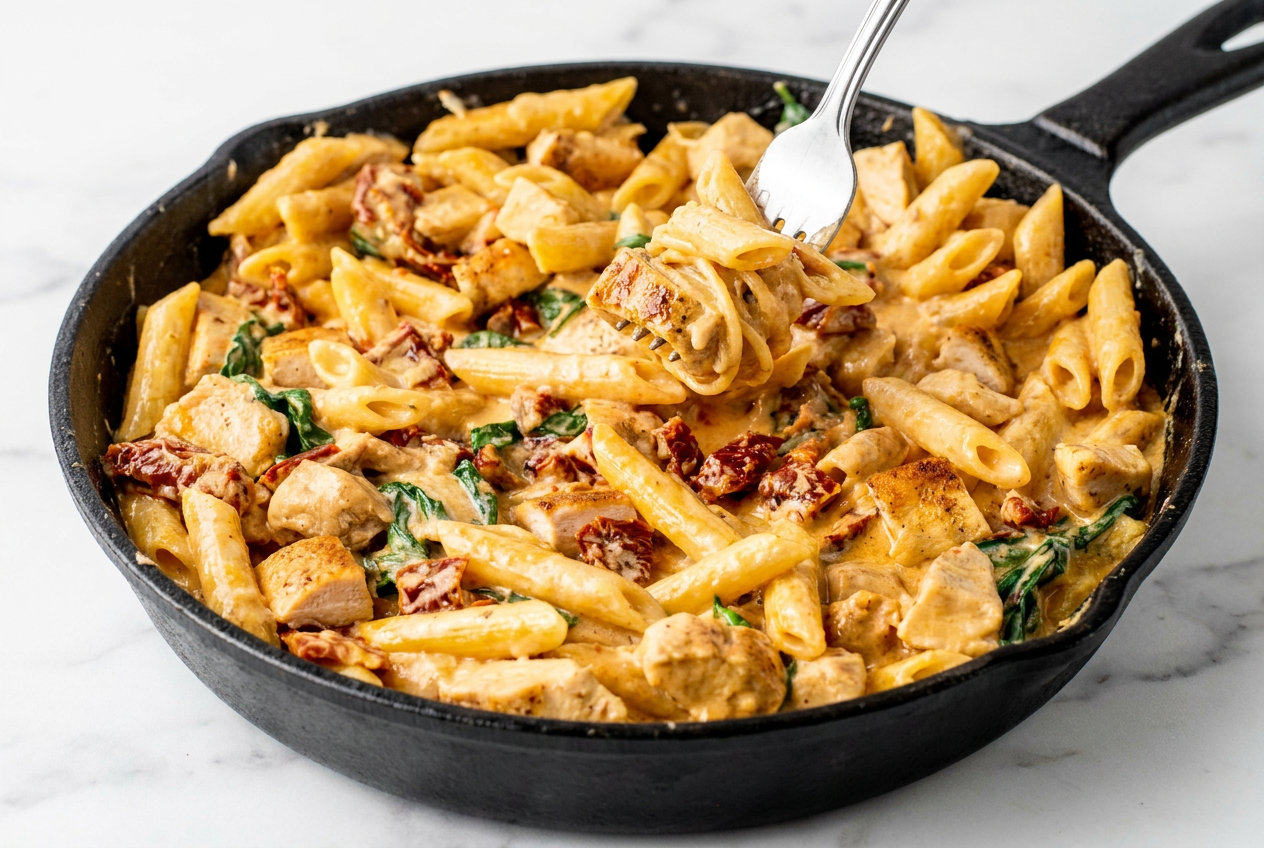 A white bowl of creamy tuscan chicken pasta, with tender chicken pieces, wilted spinach, and sun-dried tomatoes in a rich, savory sauce.