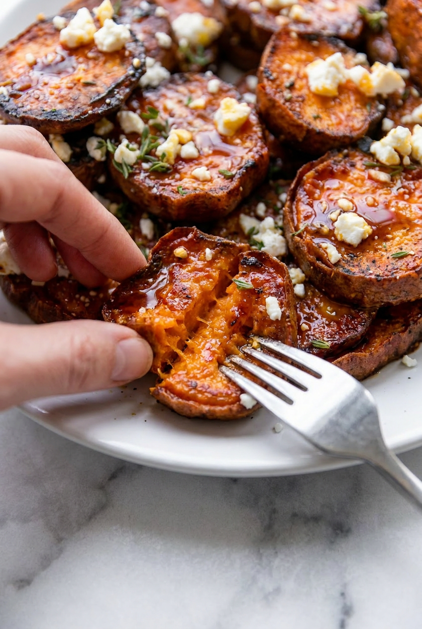Close-up of golden-brown sweet potato rounds roasting on a baking sheet, showing crispy edges and caramelized surfaces.