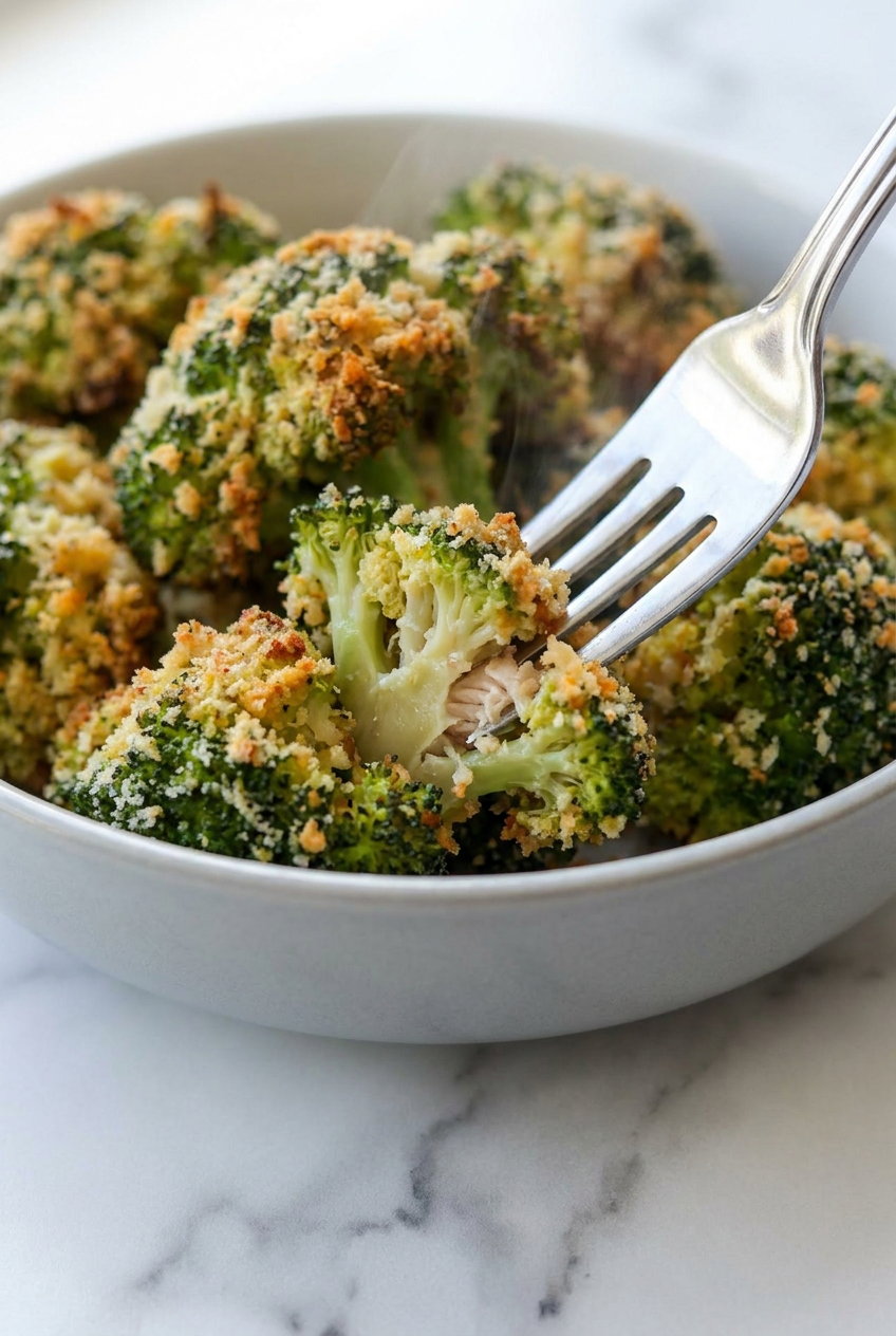 A generous serving of crispy high protein air fryer broccoli, showing the textured, golden-brown coating from the nutritional yeast.