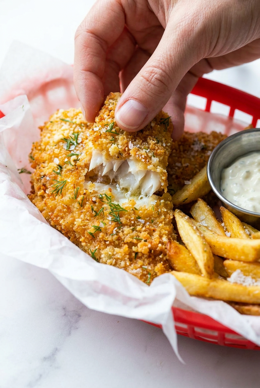 Close-up of high protein fish fillets baking in an air fryer basket, showing a perfectly golden and crispy panko coating.