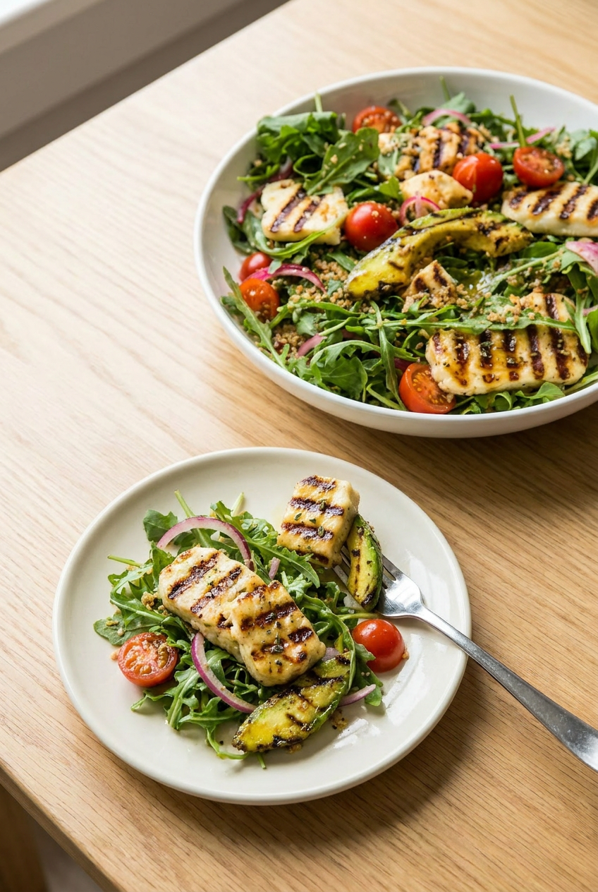 A hand pours a stream of creamy basil dressing from a small pitcher onto a large bowl of grilled halloumi salad.