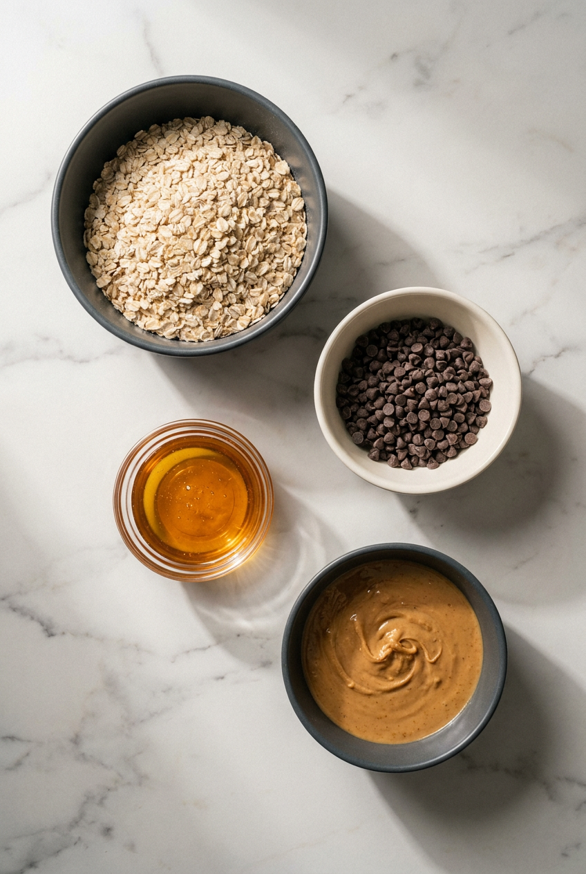 A flat lay of raw ingredients for no bake peanut butter energy bites, including quick-cooking oats, creamy peanut butter, honey, and mini chocolate chips.