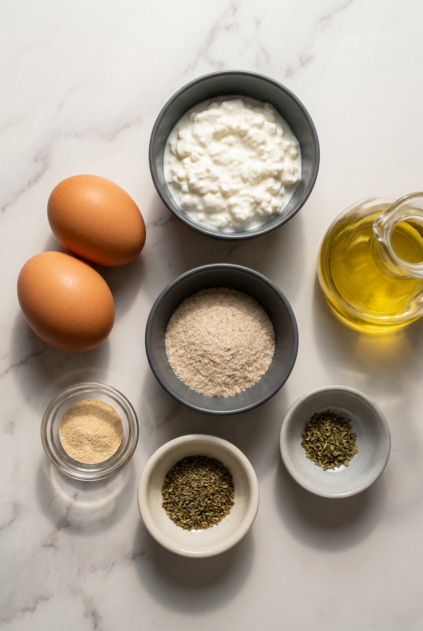 Raw ingredients for two ingredient cottage cheese flatbread, including creamy cottage cheese, fresh eggs, and psyllium husk powder in a flat lay.