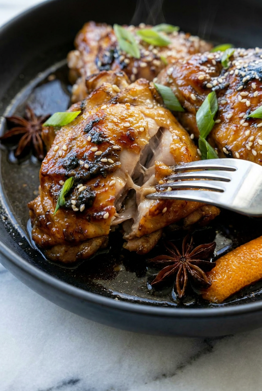 A close-up shot showing a fork gently pulling at a piece of tender shoyu chicken, revealing the juicy, succulent meat underneath the dark, glossy skin.