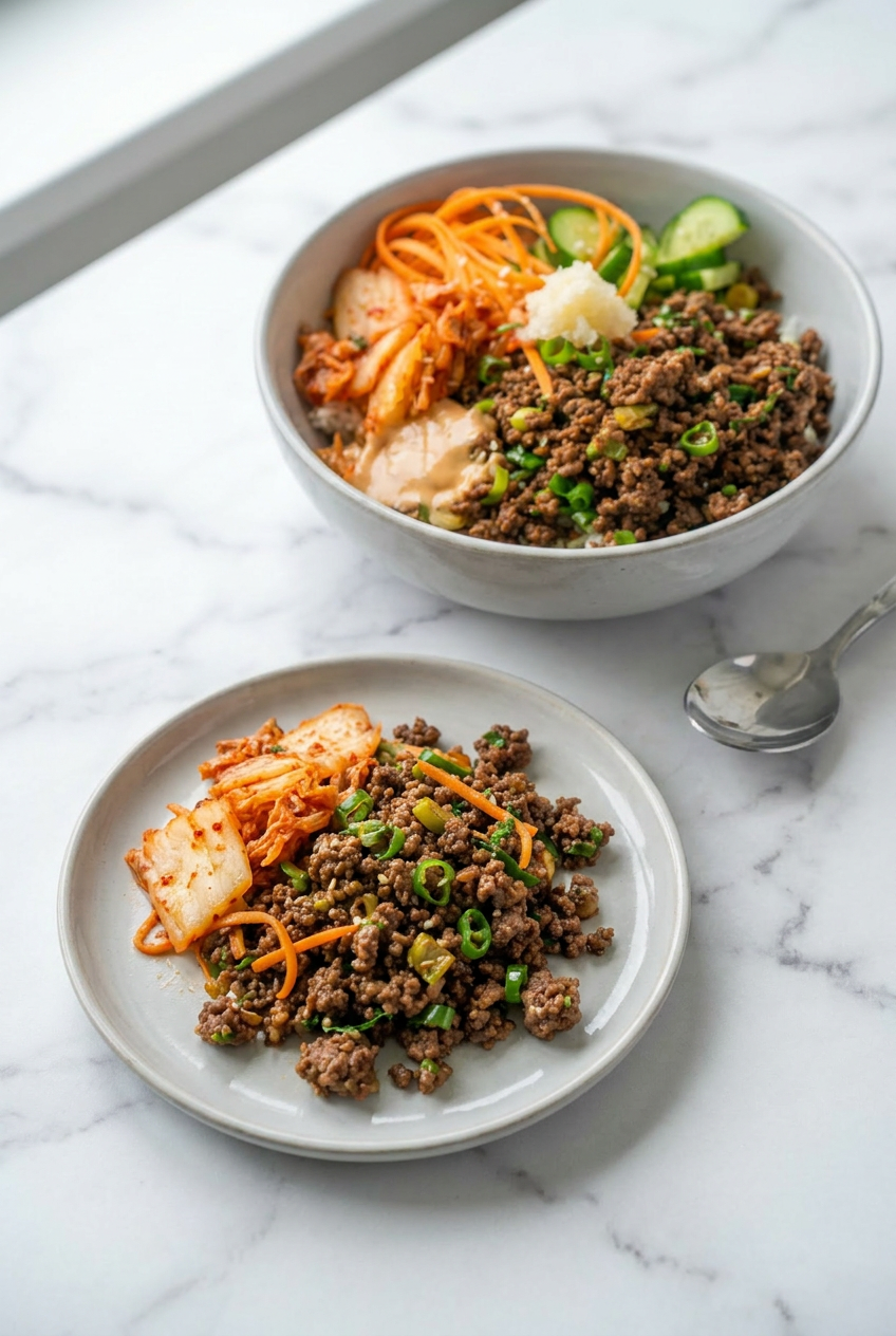 A close-up shot of a Korean ground beef bowl being finished with a drizzle of creamy, spicy gochujang mayo.