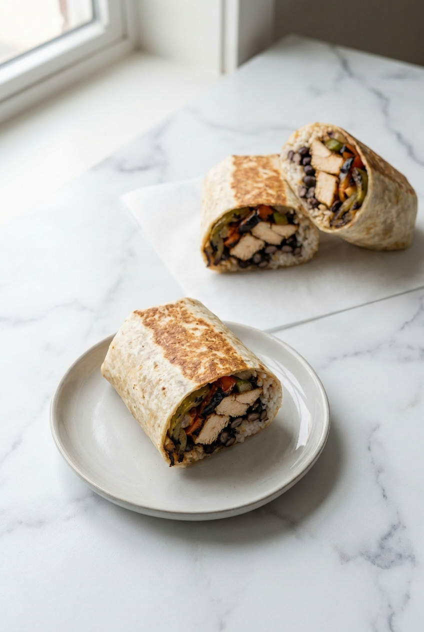Several high protein chicken burritos tightly wrapped in aluminum foil, stacked together to show how they can be stored for meal prep.